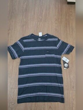 Volcom Men’s Navy Striped Pocket Tee - Navy with Pink & Gray Stripes